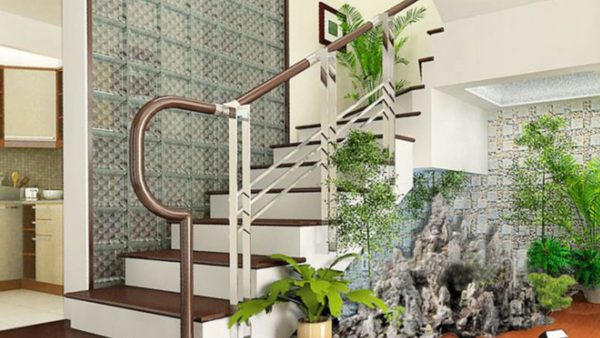 Gạch kính làm vách ngăn giữa phòng khách và phòng bếp